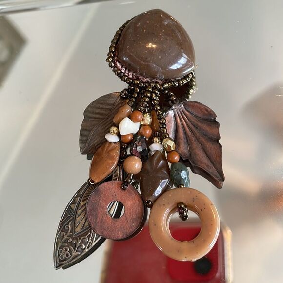 Tribal look brown & copper multiple drop pendants clip on earrings - Picture 4 of 6